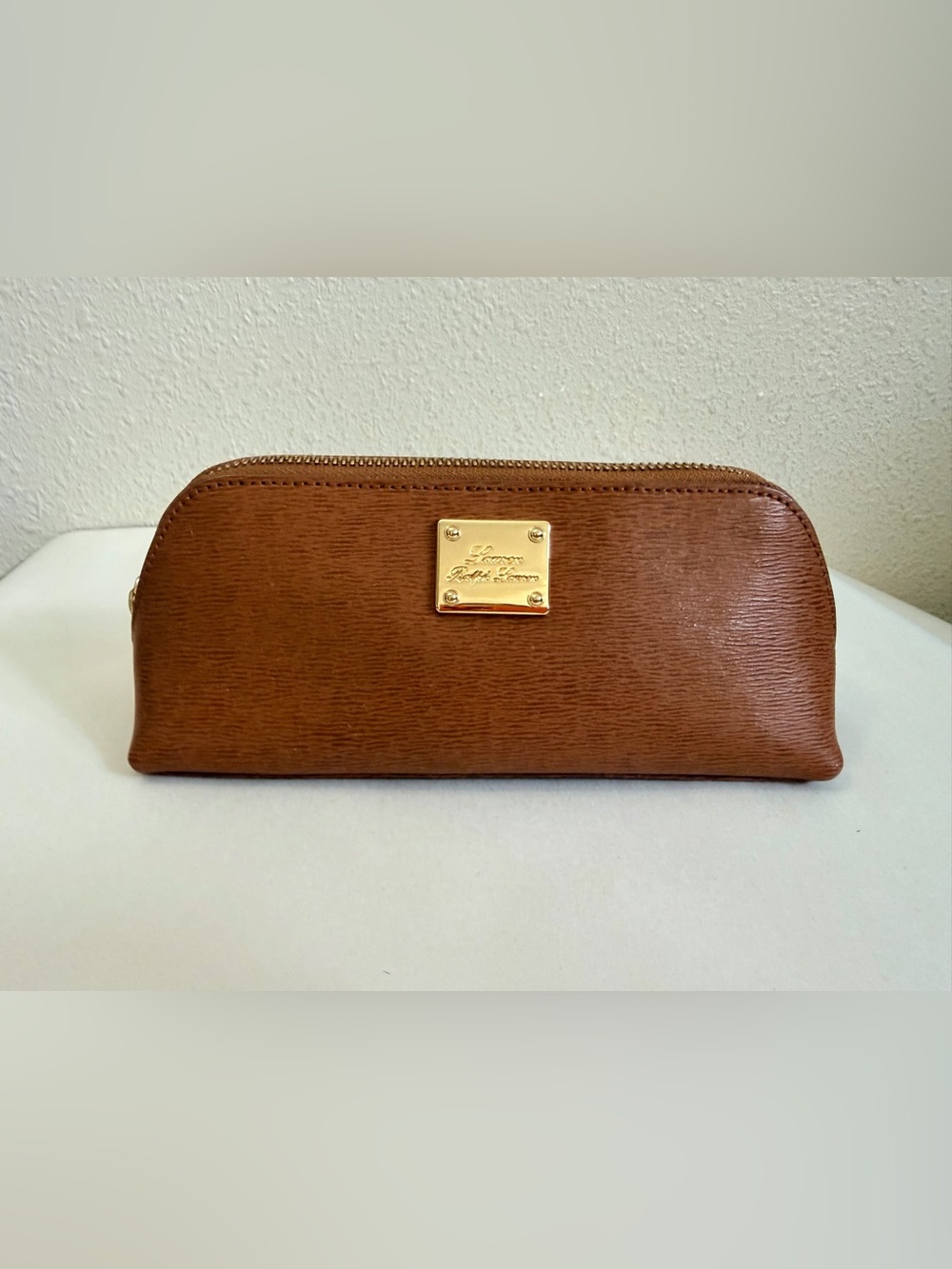 Lauren Ralph Lauren Brown Textured Makeup Cosmetic Pencil Case Gold Hardware